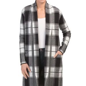 Tahari Plaid Open Front Long Cardigan With Pockets